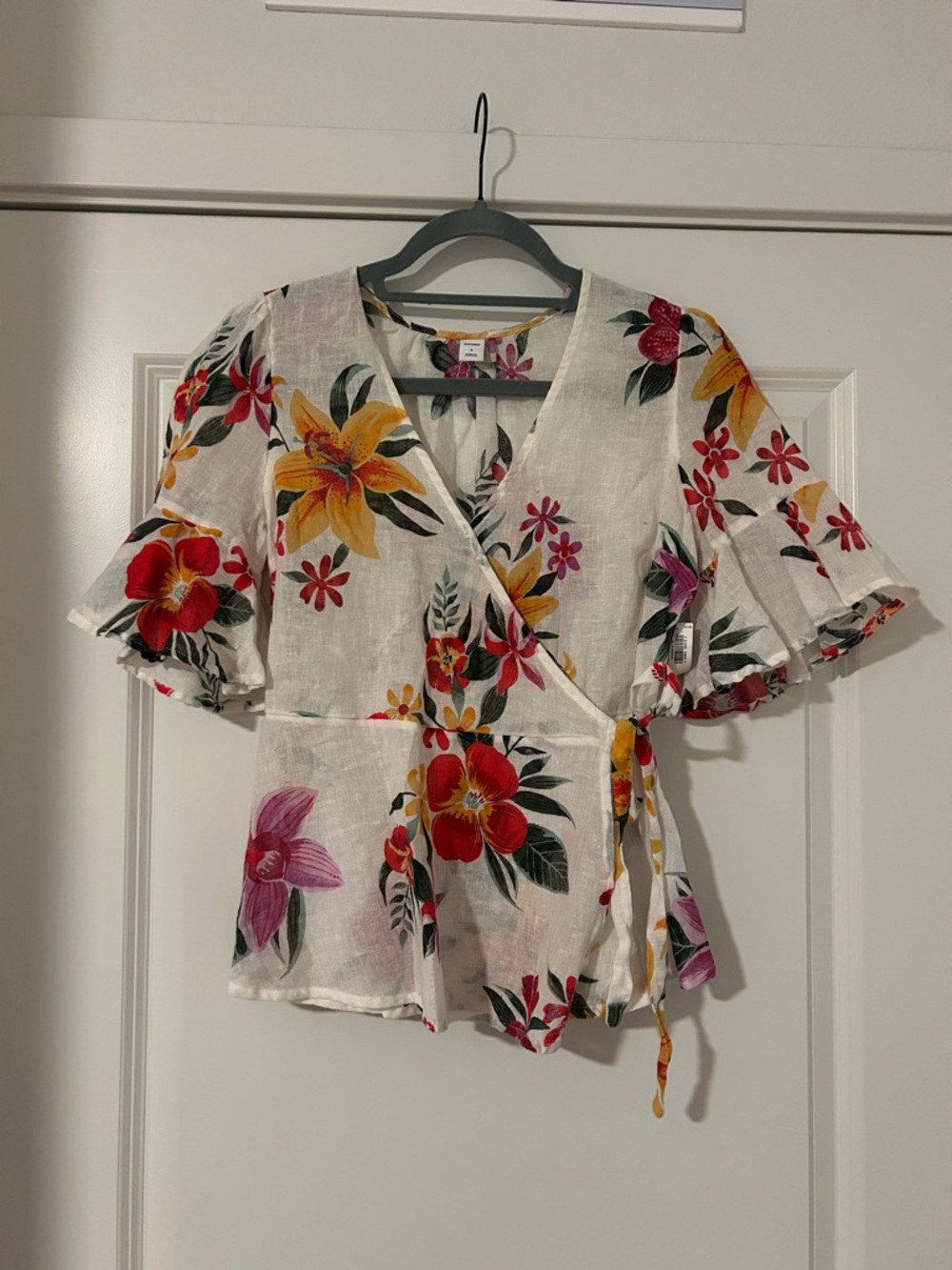 Old Navy White Wrap Top with Red, Yellow & Pink Floral Print
